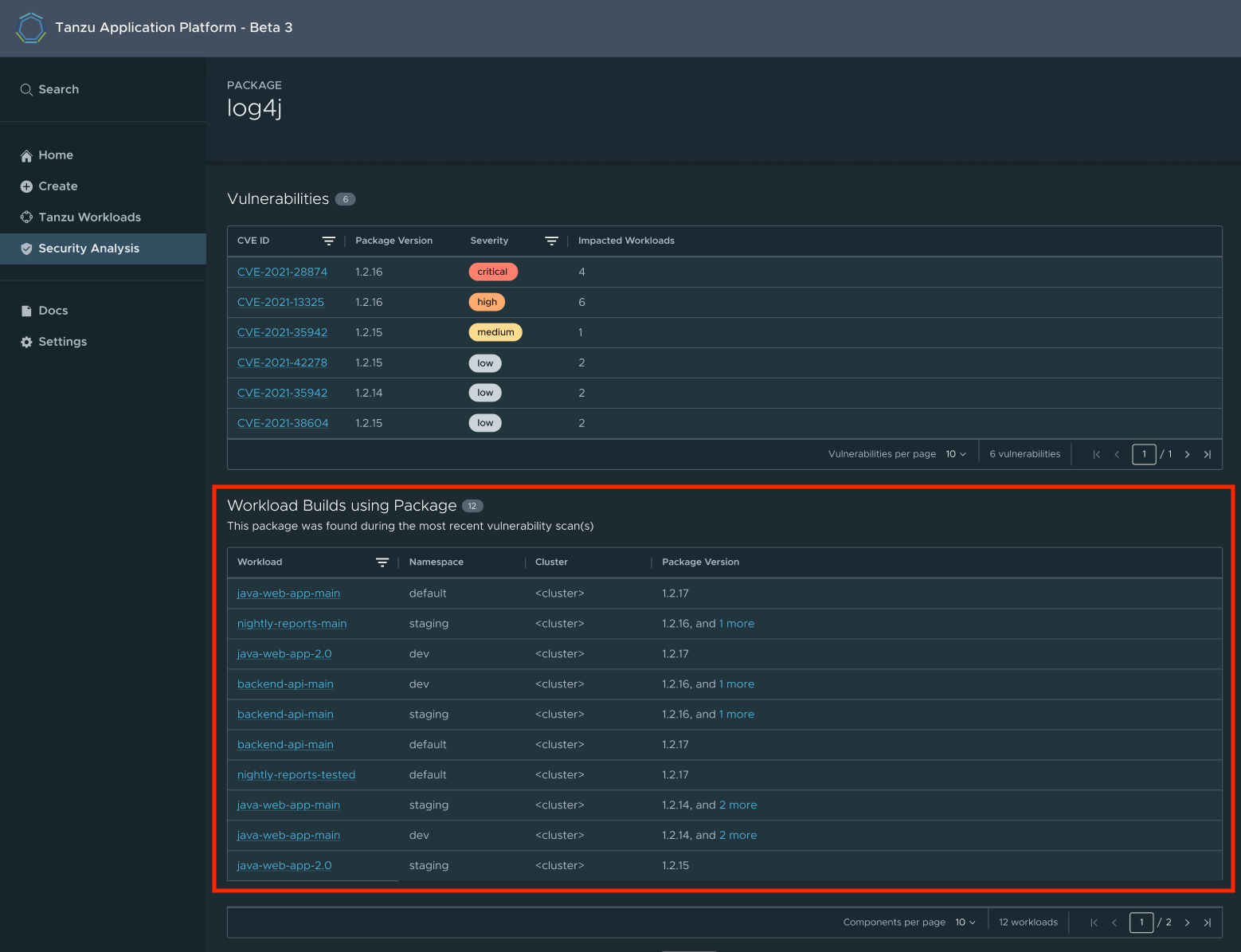 Screenshot showing how the new Security Analysis tab in Tanzu Application Platform 1.4 helps review CVEs