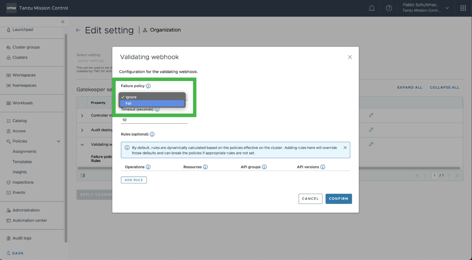 Screenshot showing how to validate webhooks in Tanzu Mission Control