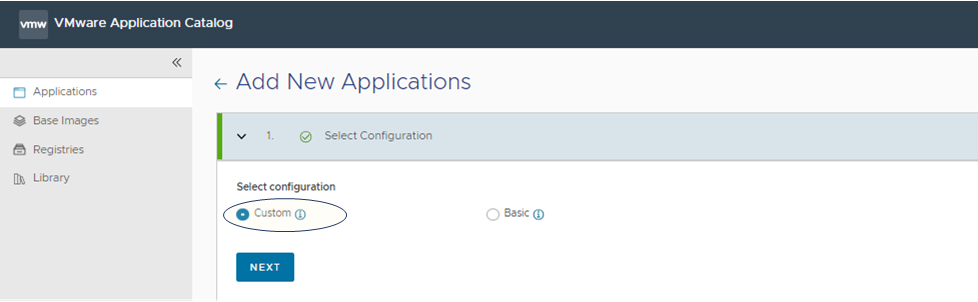 Screenshot of configuration step 1 in VMware Application Catalog