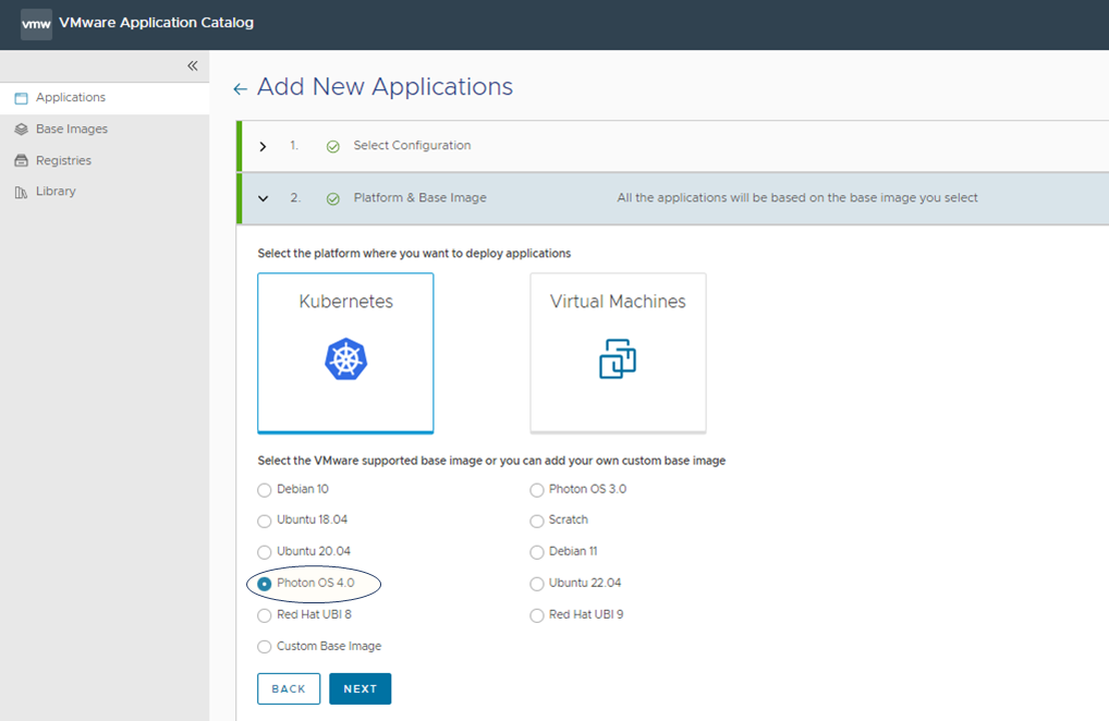 Screenshot of configuration step 2 in VMware Application Catalog