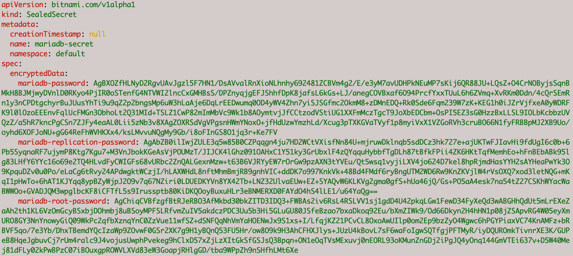 MariaDB Sealed Secret yaml file