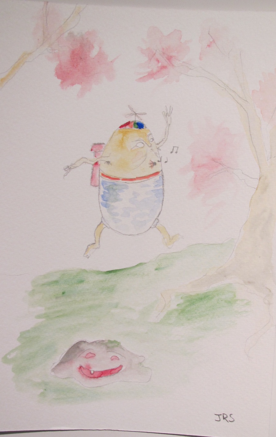 a humpty dumpty man frolicking through the cherry blossoms