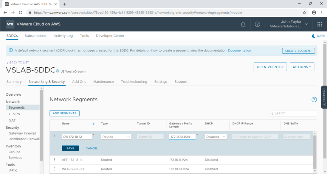 VMware Cloud on AWS Connectivity Create Network Segments