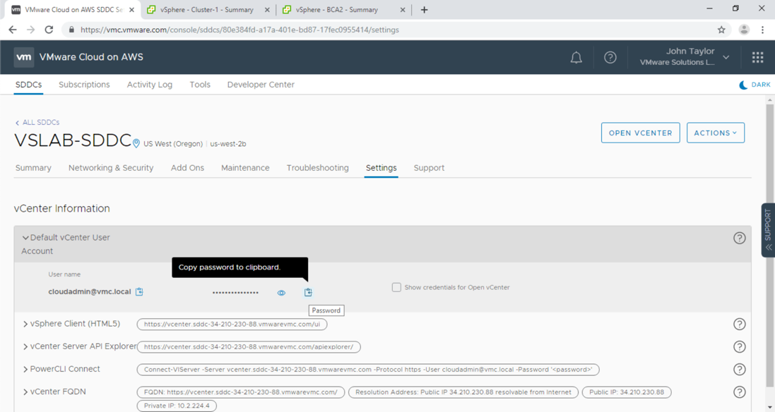 VMware Cloud on AWS - Your Management Toolset - Obtain Cloudadmin Password from VMware Cloud Console