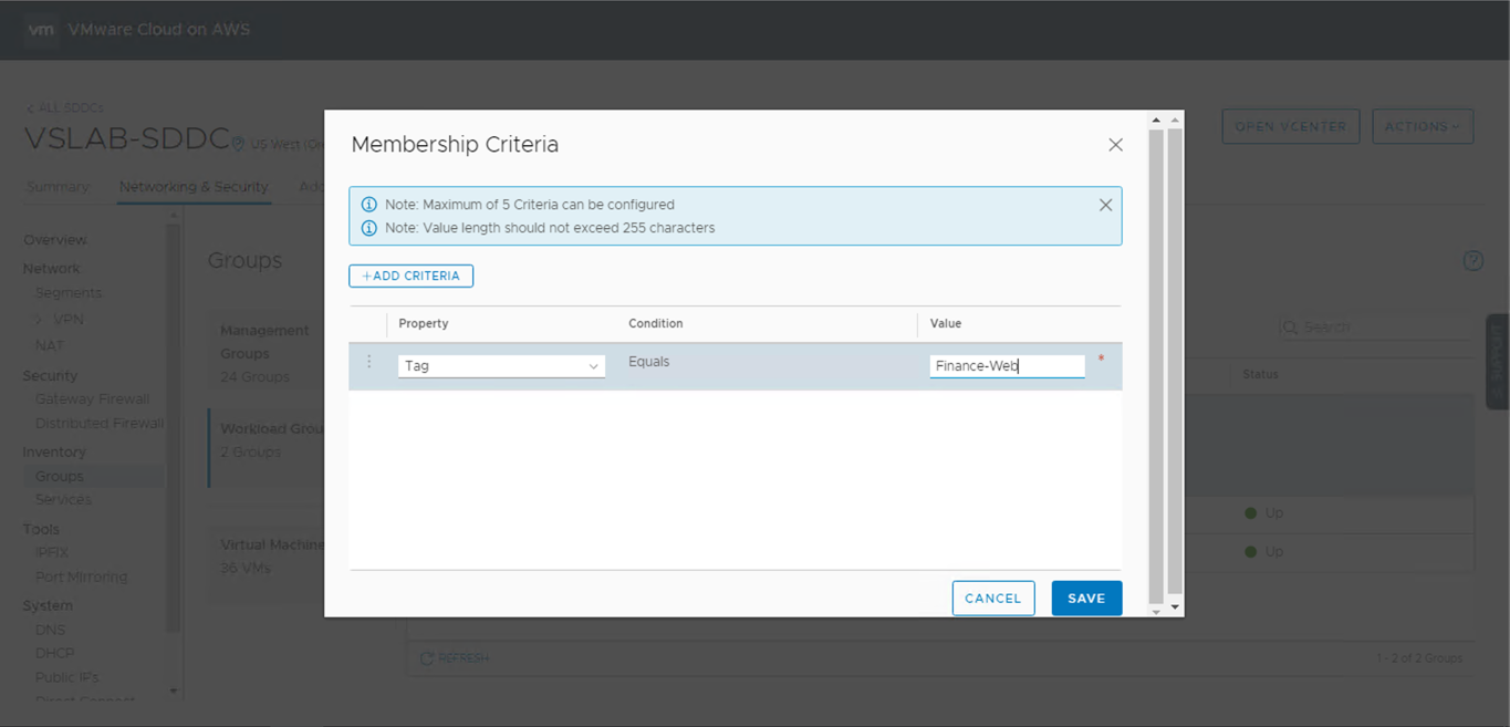 VMware Cloud on AWS Security Policies - Define Membership Criteria