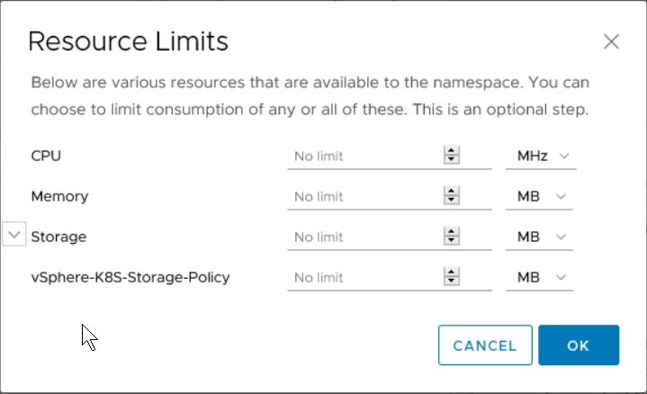 A screenshot of Namespace Resource Limits configuration