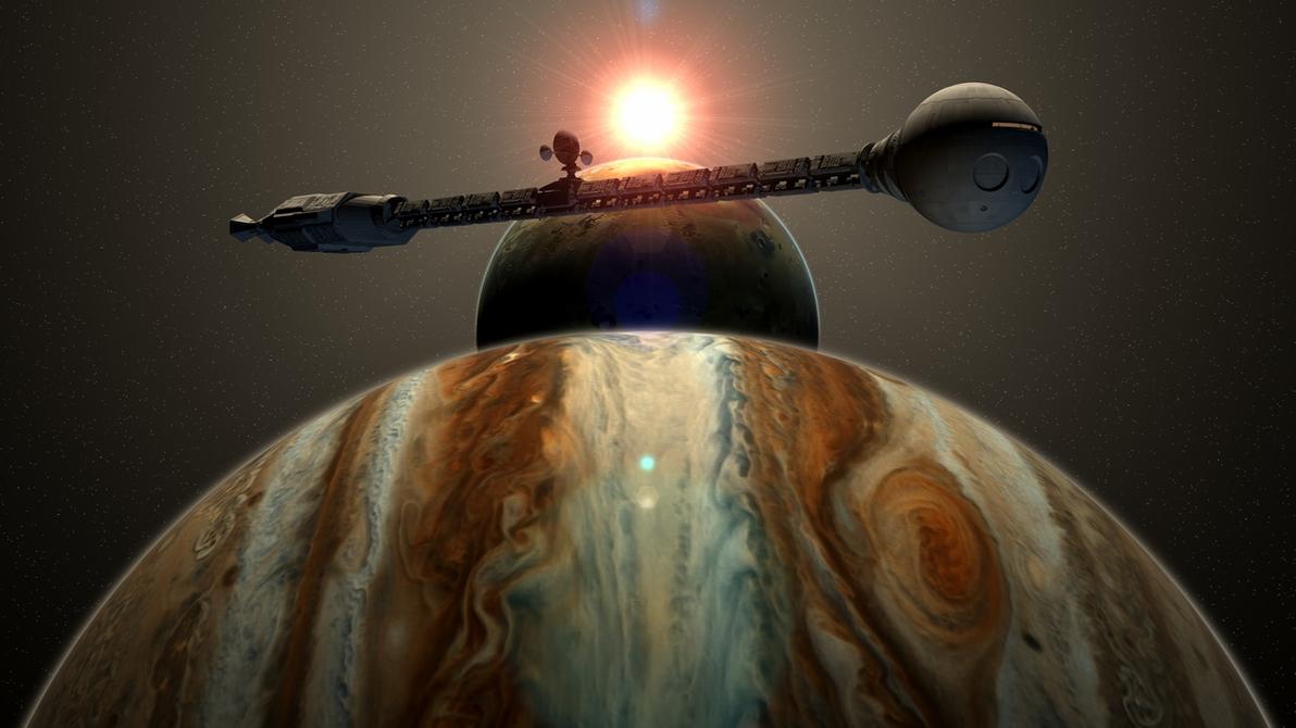 Image of Jupiter, Moon, Ship, and Sun