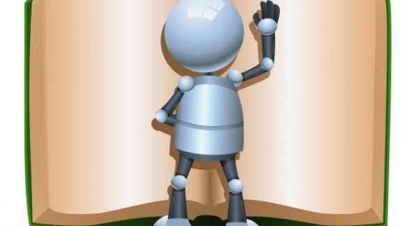 illustration of a little robot reading giant book  on isolated white background