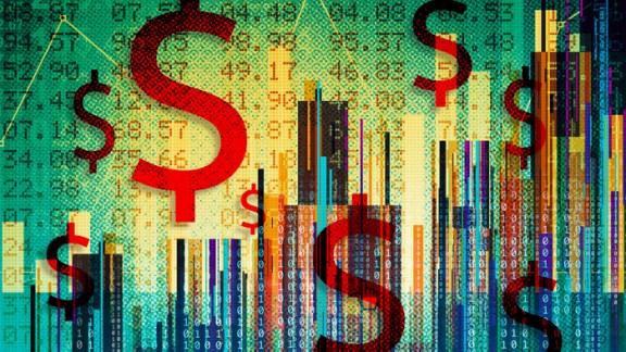 Digital financial composite illustration with dollar symbols