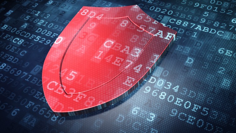 21515278 - protection concept: red shield on digital background, 3d render