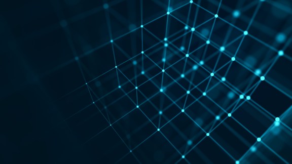 Digital blockchain concept. Data storage in separate cells. Abstract background with dots and connection lines. 3D rendering.