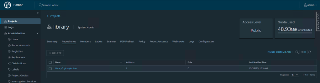 Harbor UI with docker image pished