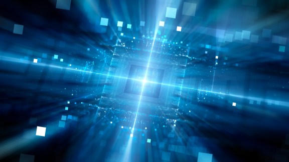Blue glowing hardware with particles, computer generated abstract background