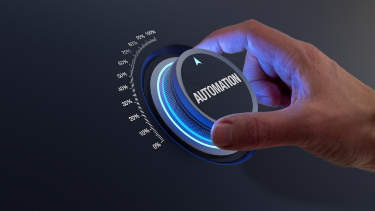 Automate business and industry to increase productivity and improve reliability. Consultant implementing Robotic Process Automation. Concept with hand turning a knob. Management strategy.