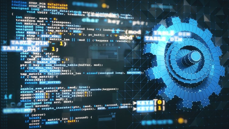 Virtual reality computer design and development concept with C/C++ programming language code, computer data and a blue 3D mesh gear model blueprint. Close-up composition, with glitched graphical effects and selective focus.