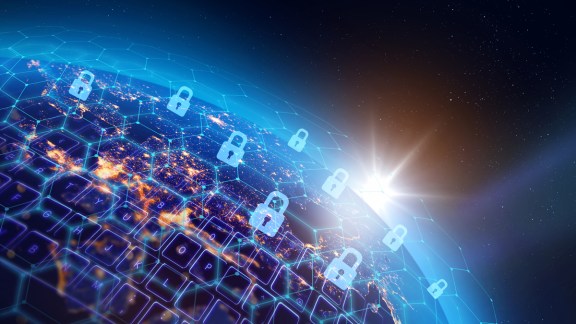 Worldwide digital data security network infrastructure, data breach concept. Some elements of the image furnished by NASA.
