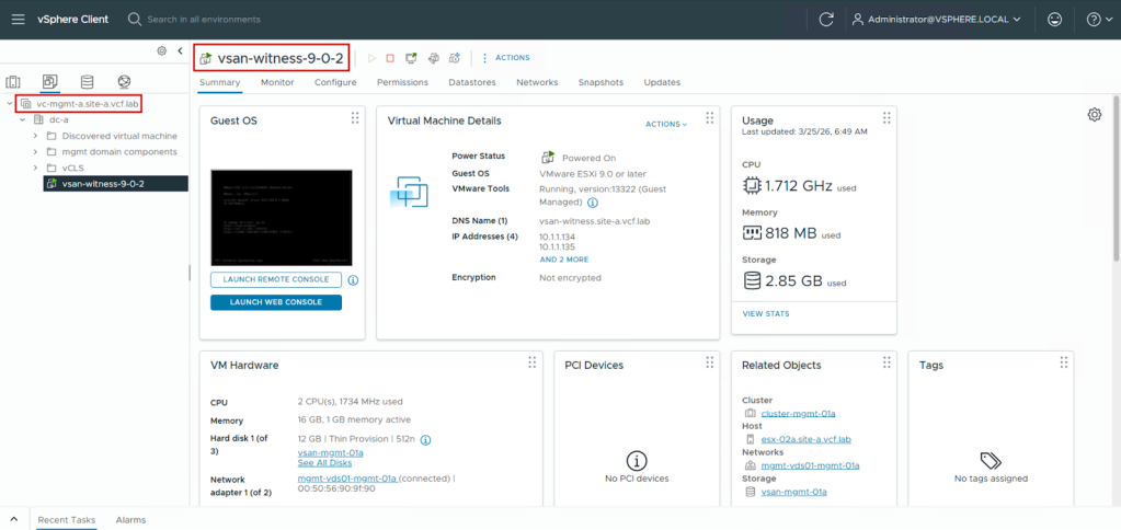 Deploy vSAN Witness VM in VCF management domain vCenter