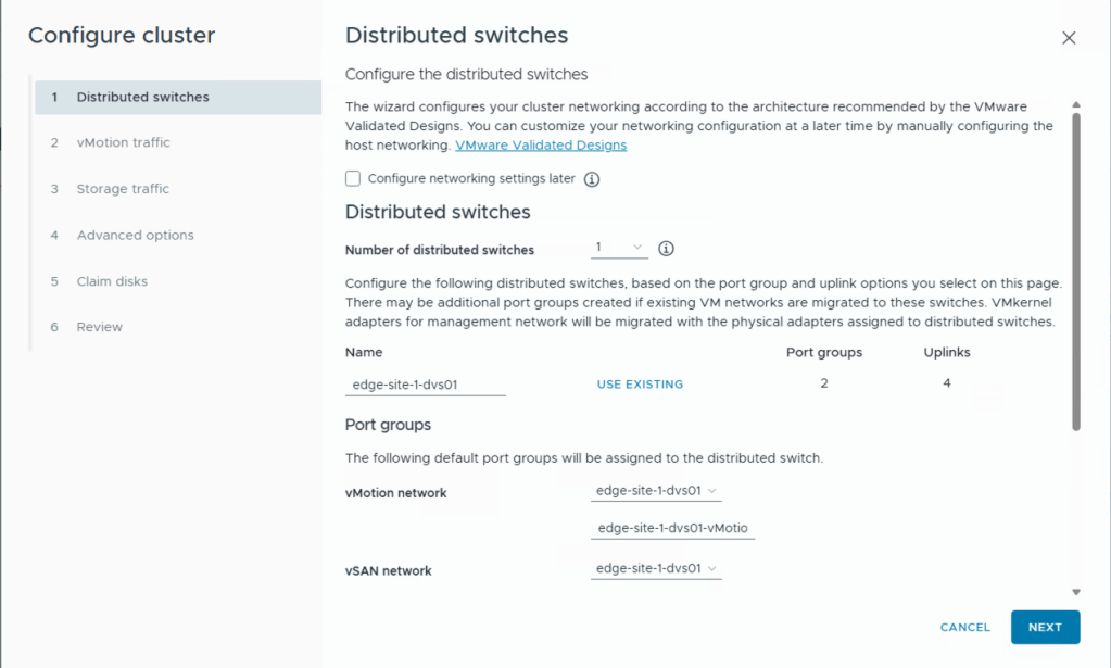 VCF Edge cluster quickstart wizard configuration for vDS and vSAN setup
