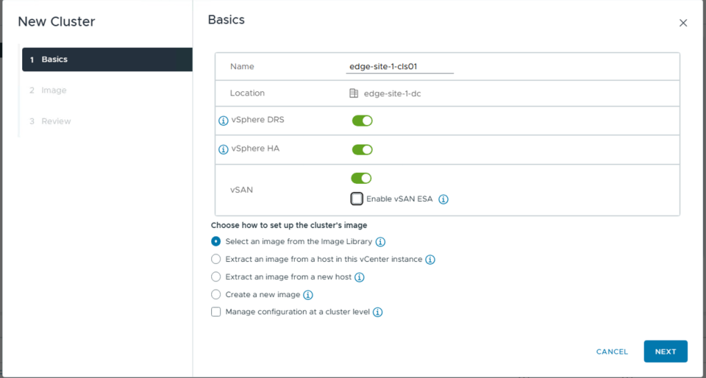 VCF Edge cluster quickstart wizard configuration for vDS and vSAN setup