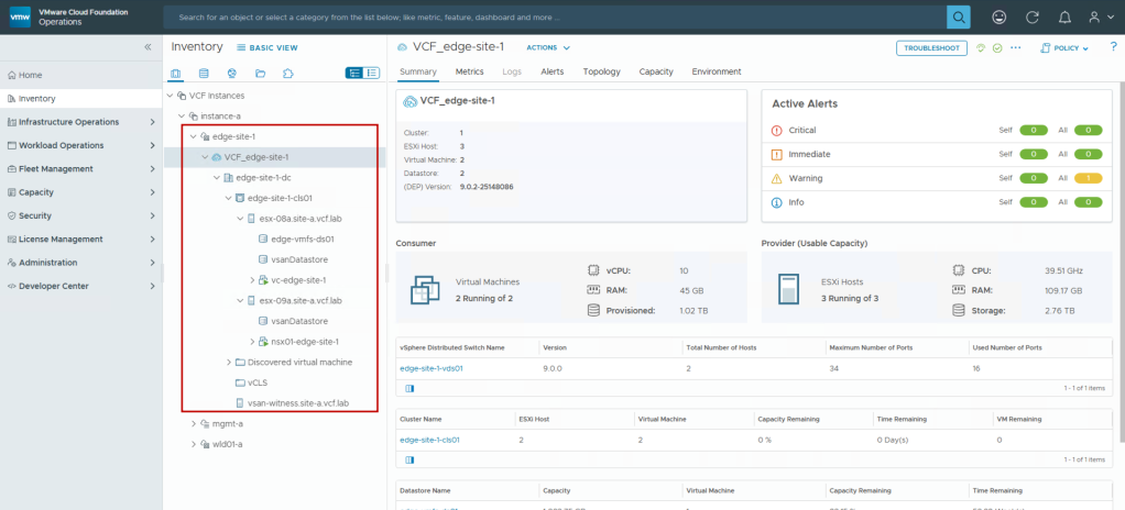 VCF Operations inventory showing imported edge site workload domain