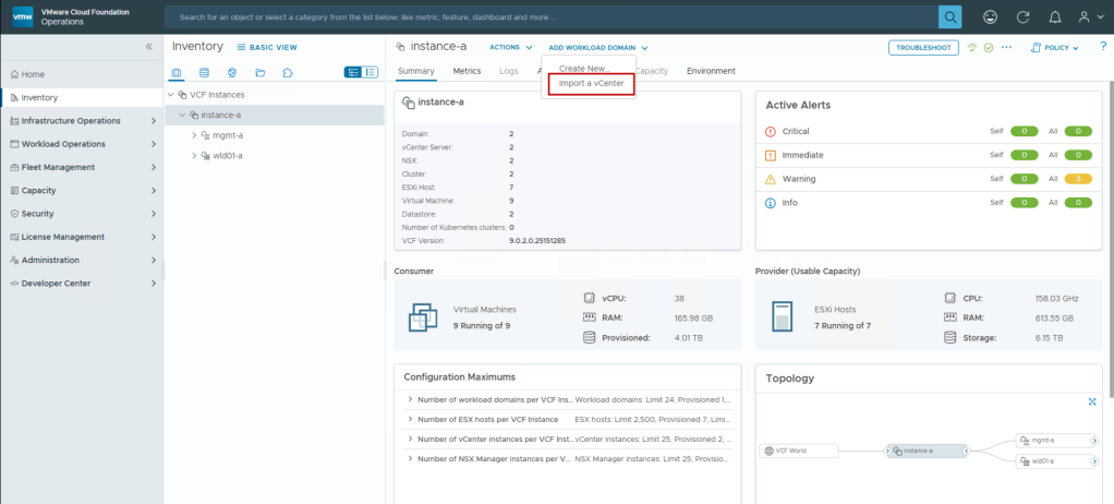 VCF Operations brownfield import workflow for edge vCenter integration