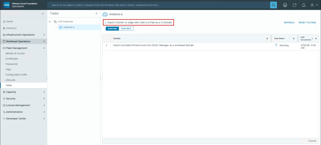 Import task in progerss in VCF Operations