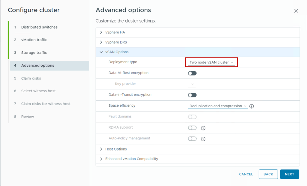 VCF Edge cluster quickstart wizard configuration for vDS and vSAN setup