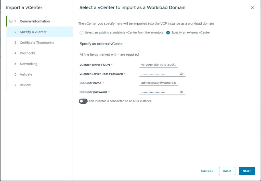 VCF Operations brownfield import workflow for edge vCenter integration