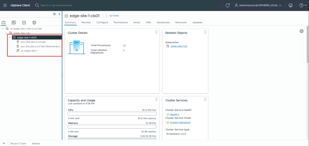 Edge Site Cluster created in vCenter