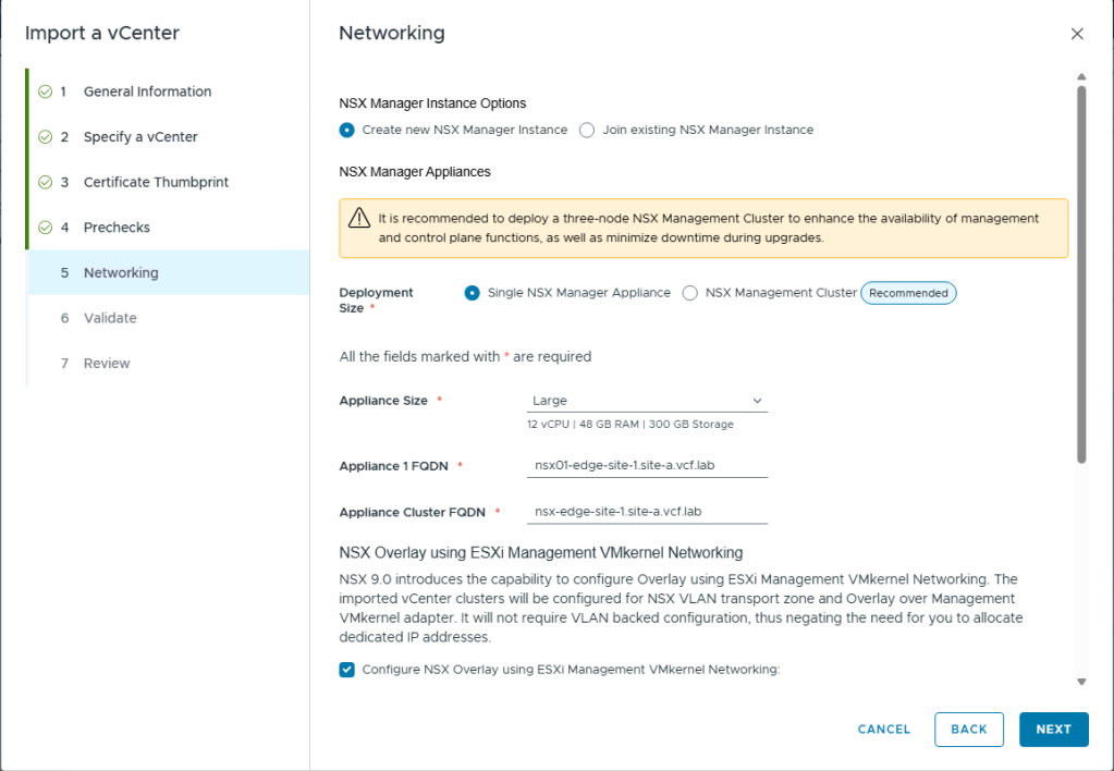 Deploy NSX instance during VCF Edge brownfield import process