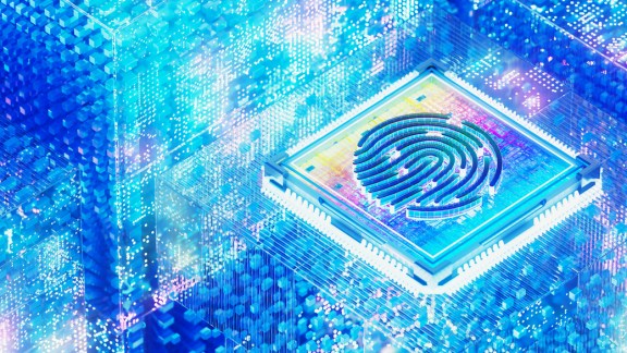 Digitally generated image of a futuristic biometric fingerprint authentication system. Concept of innovative biometric safety, IT security and AI.