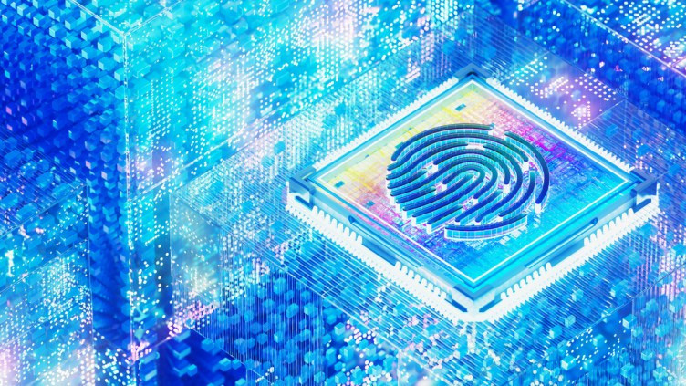 Digitally generated image of a futuristic biometric fingerprint authentication system. Concept of innovative biometric safety, IT security and AI.