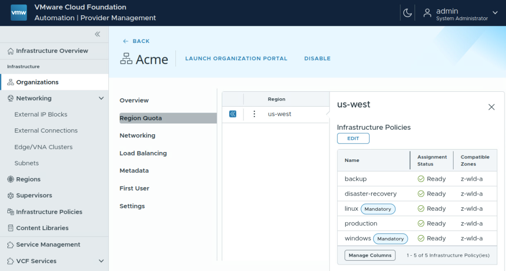 VCF Automation Region Quota Infrastructure Policies