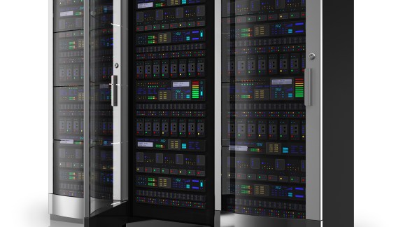 Server racks with one open door isolated on white reflective background