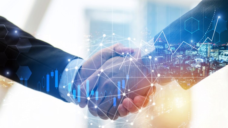 business man investor handshake with global network link connection and graph chart stock market diagram and city background, digital technology, internet communication, teamwork, partnership concept