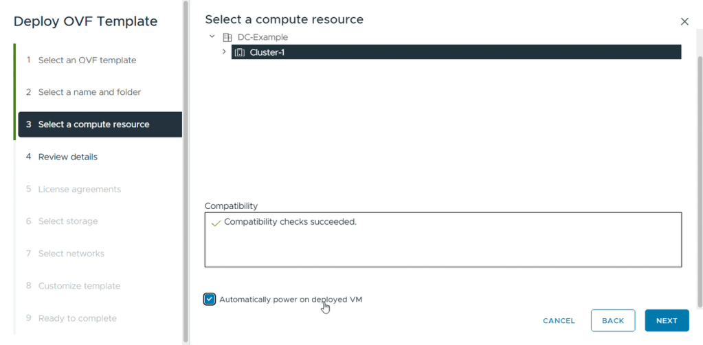 Figure 9: Enabling the automatic power-on option for the HCX appliance.