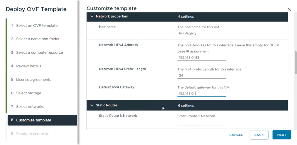 Figure 10: Filling out the network properties and credentials in the Customize Template screen.