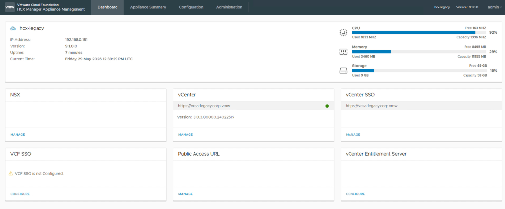 Figure 15: The HCX Appliance Management dashboard showing successful connections to vCenter and SSO.