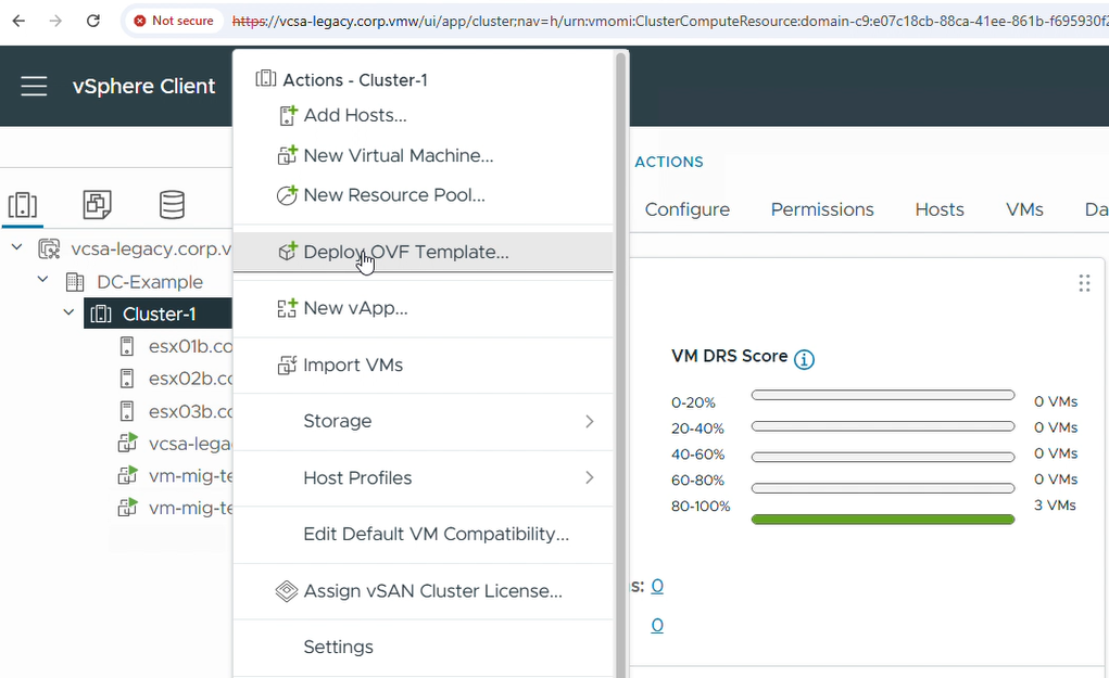 Figure 8: Initiating the OVF deployment on the legacy vCenter cluster.