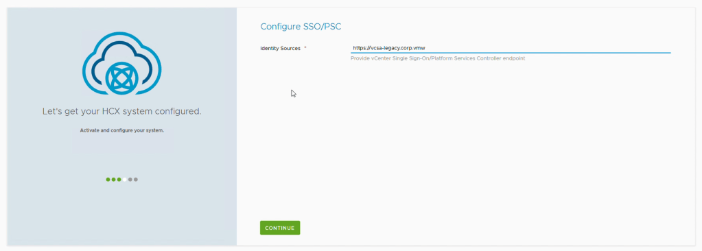 Figure 14: Configuring the SSO identity source using the legacy vCenter URL.