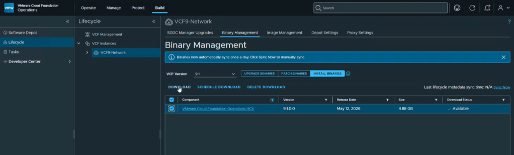 Figure 1: Downloading the VMware Cloud Foundation Operations HCX binaries from the VCF Operations console.
