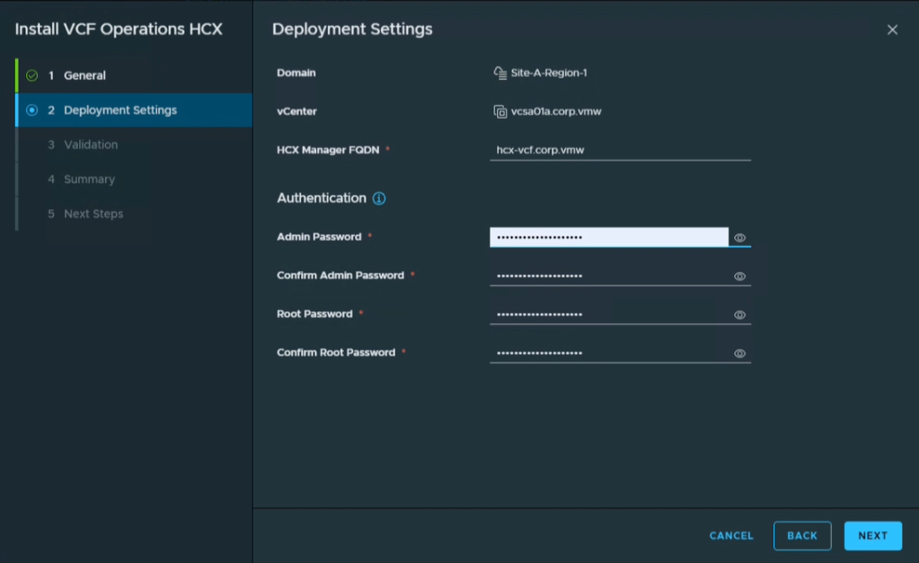 Figure 5: Entering the required FQDN and credentials for the HCX appliance.