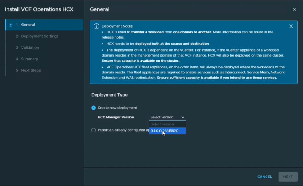 Figure 4: Selecting the HCX Manager version in the General deployment step.