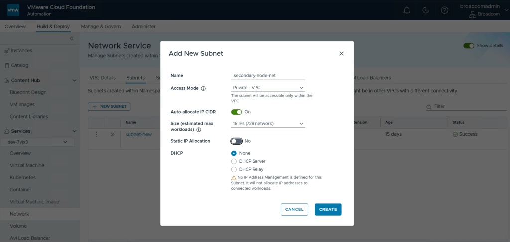 Add New Subnet dialog showing Static IP Allocation toggled off and DHCP set to None