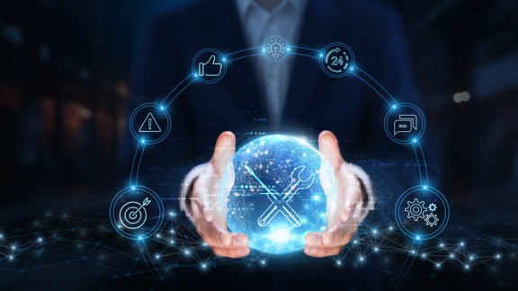 Technical Support: Businessman hands hold global technical support technology, customer service, troubleshooting, network management, software solutions, hardware assistance, remote support.