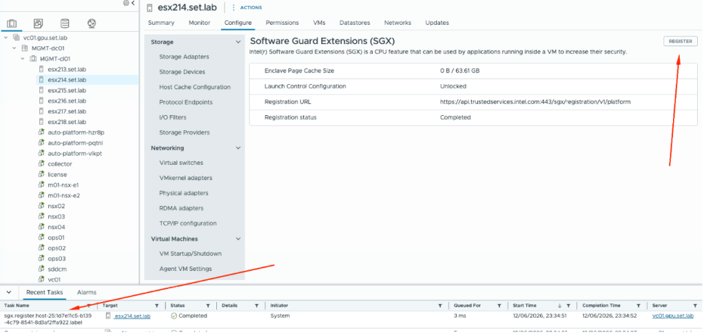 ESX view for registering a host with Intel SGX.