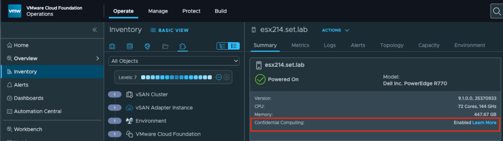 VCFOps ESX level view showing Confidential Compute is enabled.