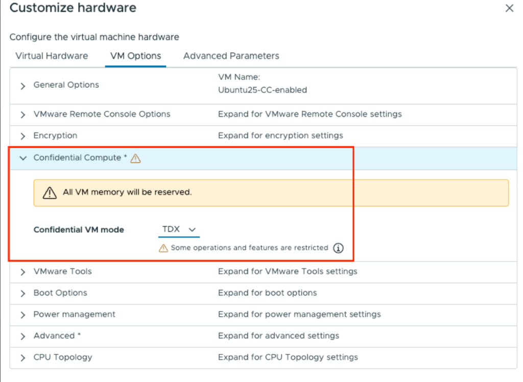 Enable TDX support for a VM in VM Options.