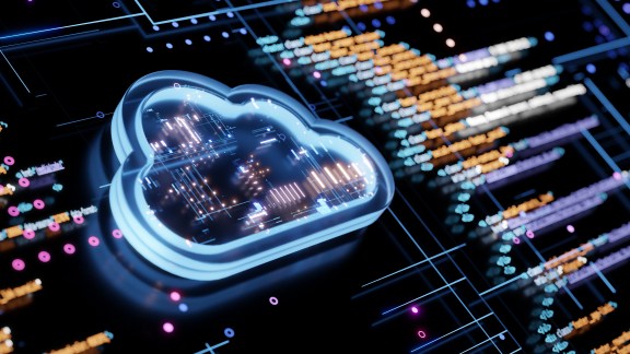 Cloud storage, cloud computing concept. 3d holographic cloud icon on abstract digital background with code elements