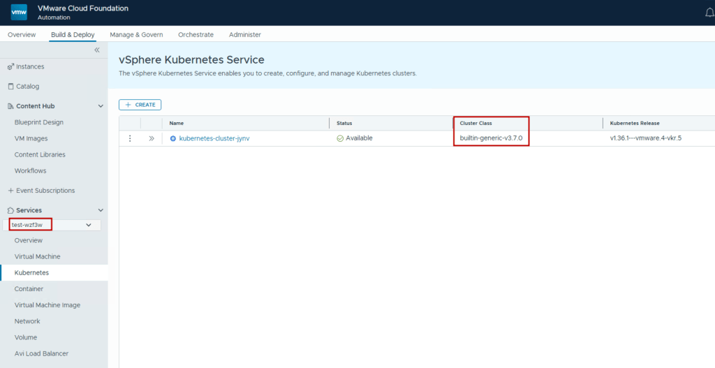 Figure 6: Namespace and VKS 3.7 cluster in VCF Automation